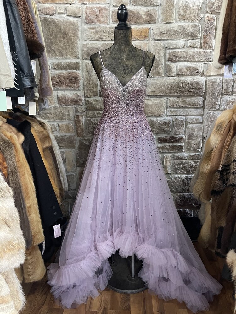 Mac Duggal Orchid Embellished Hi-Low Ruffled Gown, Size 6