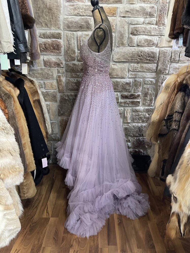 Mac Duggal Orchid Embellished Hi-Low Ruffled Gown, Size 6