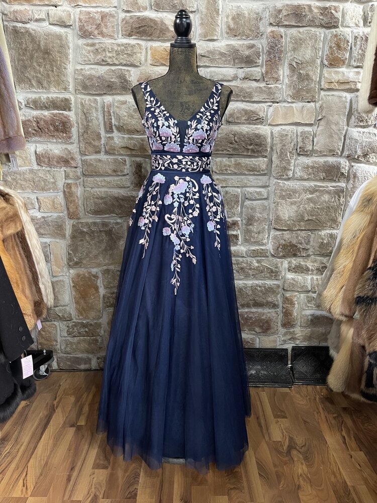 Navy  Pink Applique Gown, Size 0