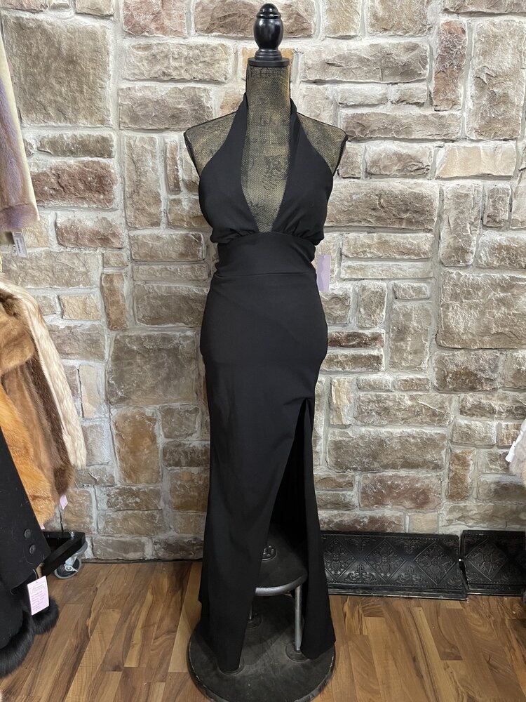 Speechless Black Plunging Neckline Halter Gown, Size 3