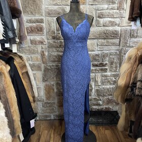 Teeze Me Denim Blue Lace Gown with Slit, Size 11/12