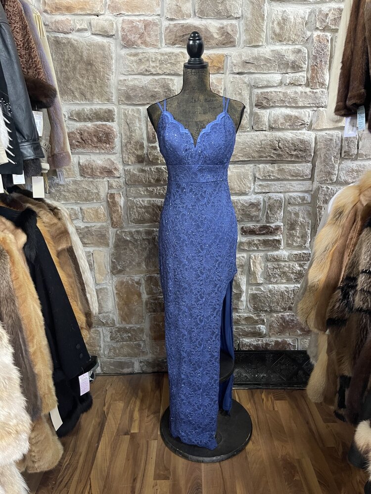Teeze Me Denim Blue Lace Gown with Slit, Size 11/12