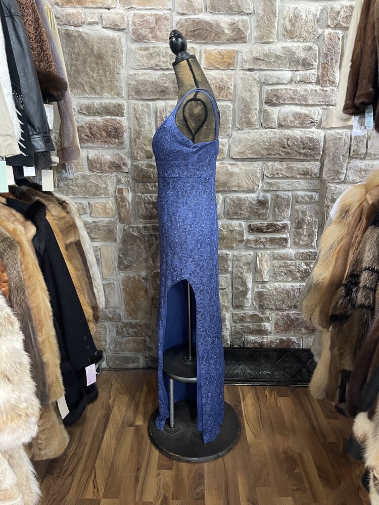 Teeze Me Denim Blue Lace Gown with Slit, Size 11/12