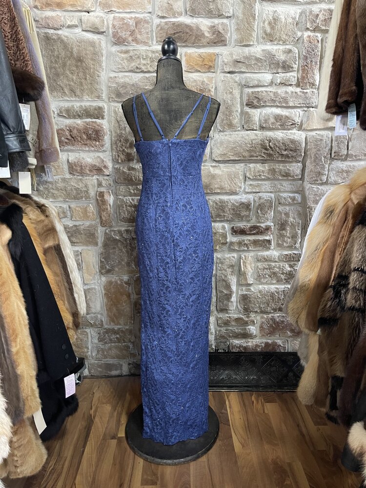 Teeze Me Denim Blue Lace Gown with Slit, Size 11/12