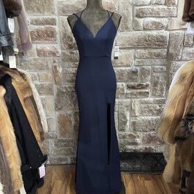 Denim Blue Satin Gown with Lace Up Back, Size 1/2