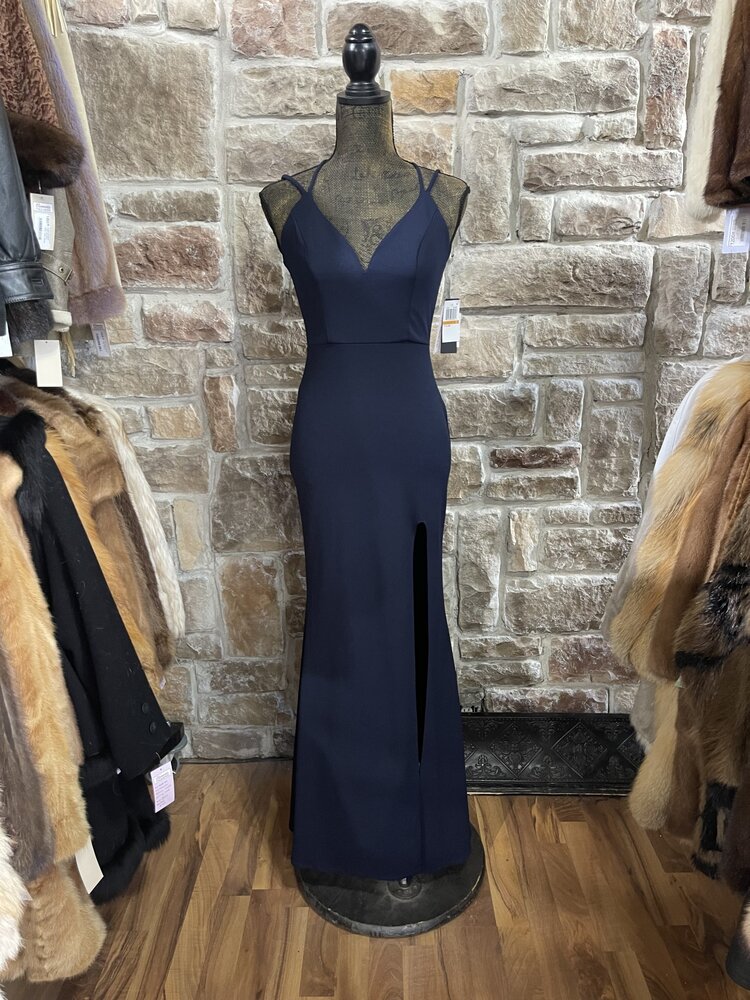 Denim Blue Satin Gown with Lace Up Back, Size 1/2