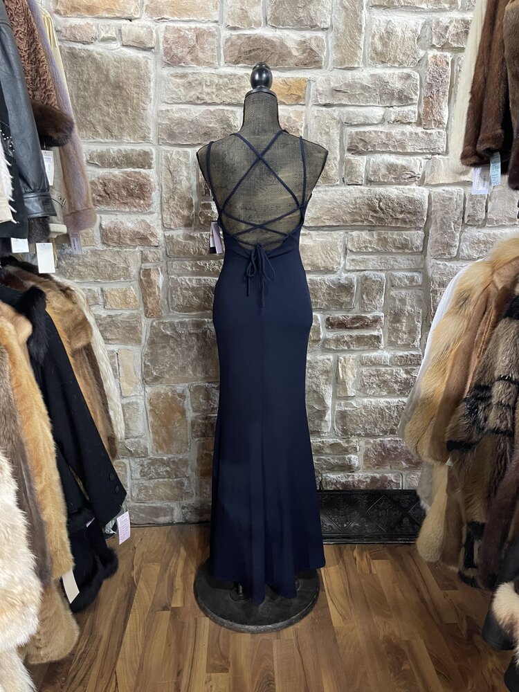Denim Blue Satin Gown with Lace Up Back, Size 1/2