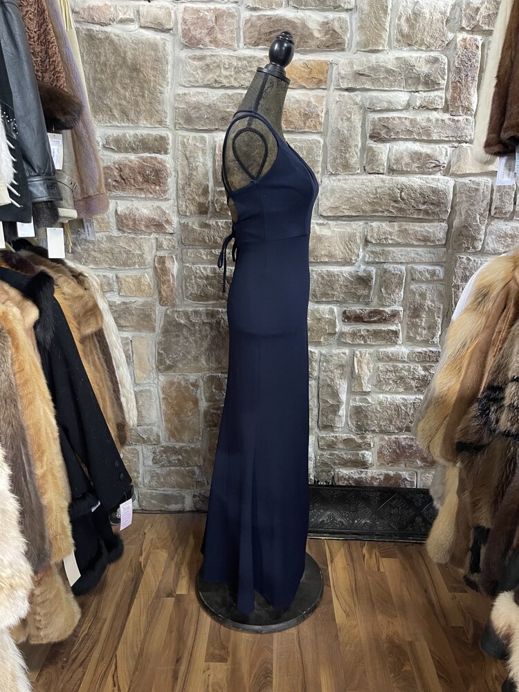 Denim Blue Satin Gown with Lace Up Back, Size 1/2