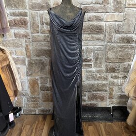 Emerald Sundae Black/Silver Metallic Ruched Gown with Adjustable Straps