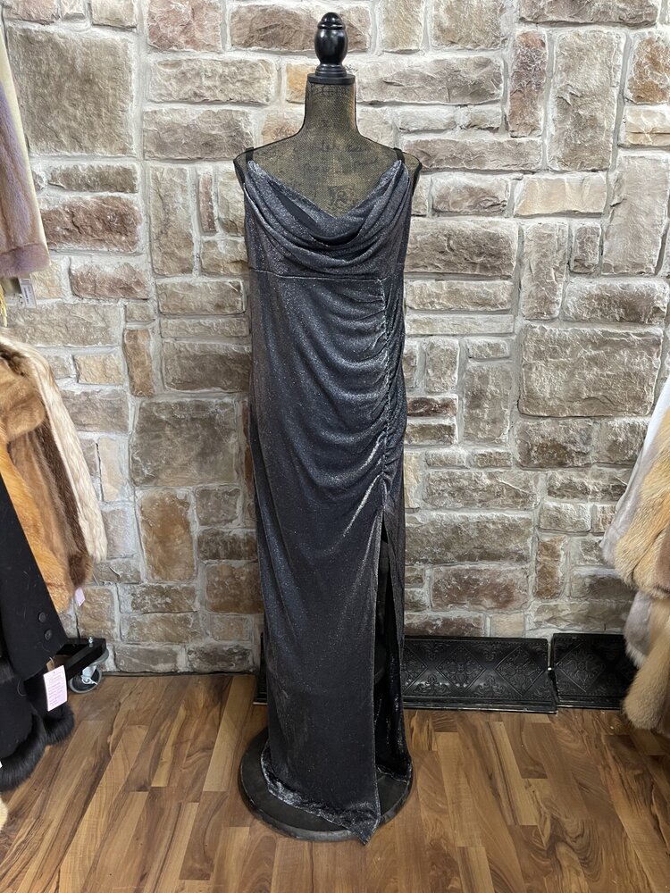 Emerald Sundae Black/Silver Metallic Ruched Gown with Adjustable Straps