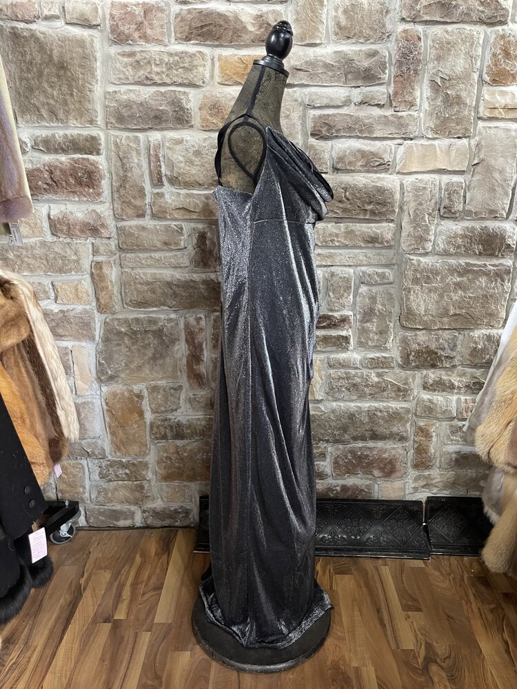 Emerald Sundae Black/Silver Metallic Ruched Gown with Adjustable Straps