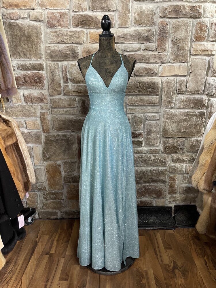 Blondie Nites Teal Satin Lace-Up Evening Gown, Size M