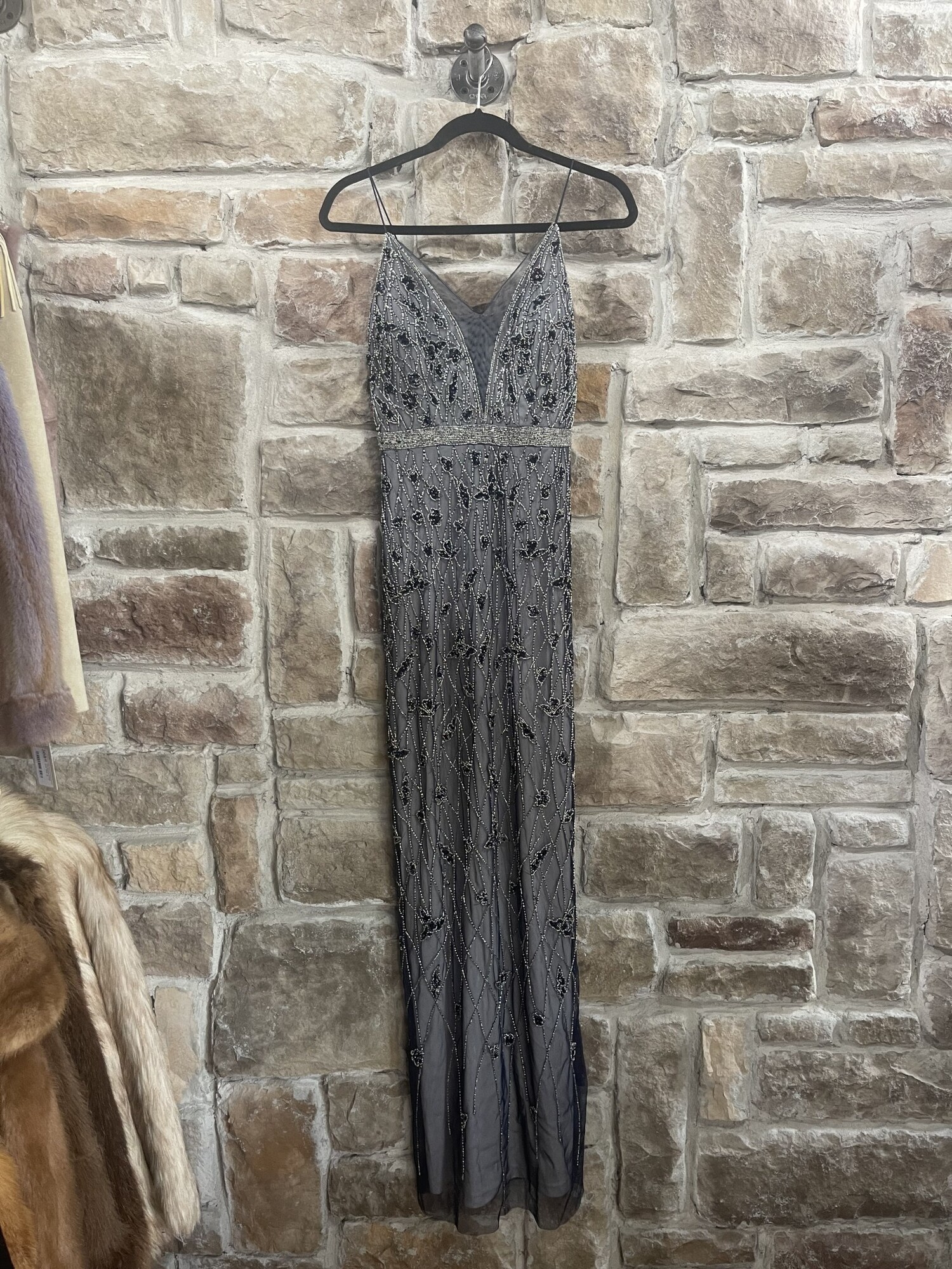 Gray Embellished Column Gown w Back Slit Size 0