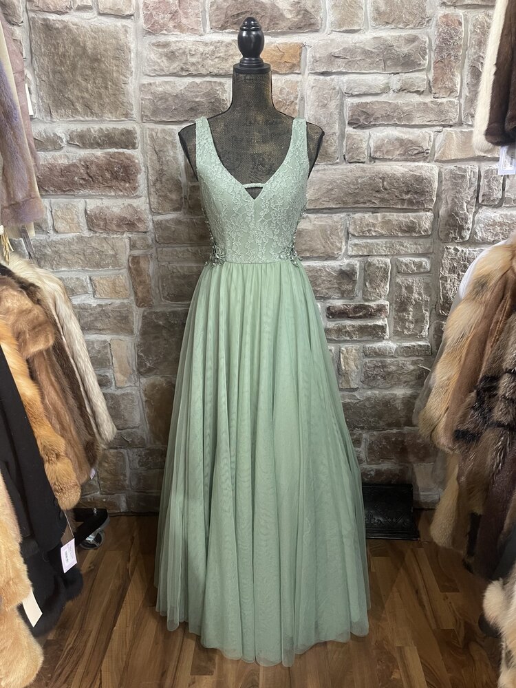 City Studio Pastel Green Lace Cut-Out Evening Gown, Size 7