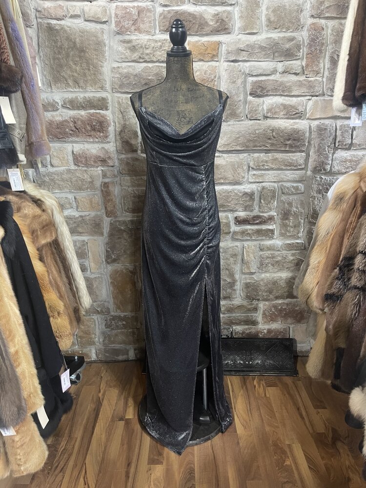 Emerald Sundae Black/Silver Metallic Ruched Gown with Adjustable Straps