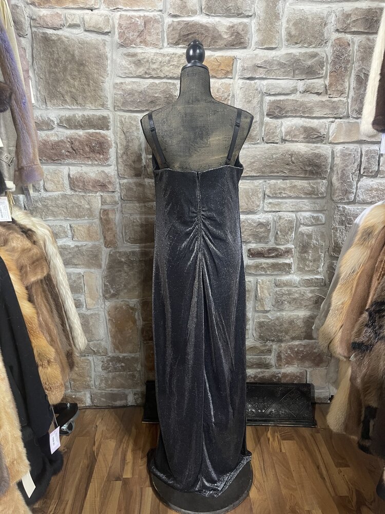 Emerald Sundae Black/Silver Metallic Ruched Gown with Adjustable Straps