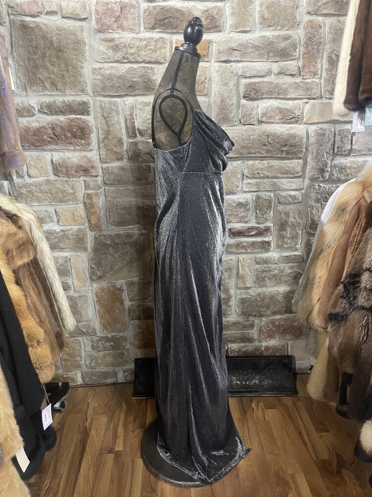 Emerald Sundae Black/Silver Metallic Ruched Gown with Adjustable Straps