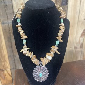 Jasper and Turquoise Stone Necklace with Silver Charm
