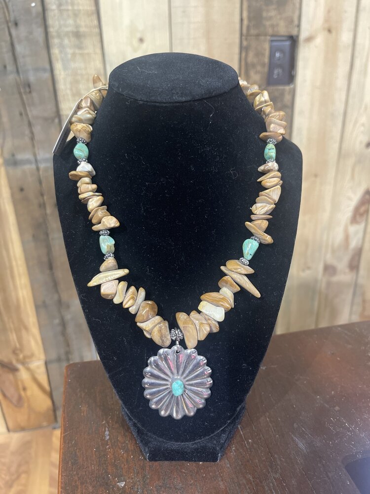 Jasper and Turquoise Stone Necklace with Silver Charm