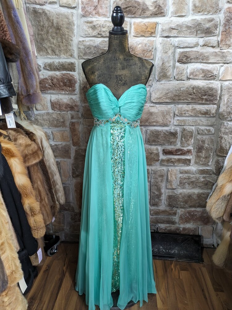 Chicas Mint Green Long Ruched Chiffon Dress with Sequin Bodice, Size S