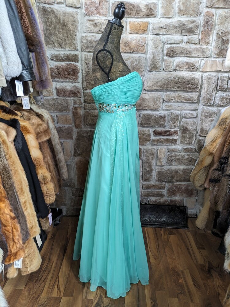 Chicas Mint Green Long Ruched Chiffon Dress with Sequin Bodice, Size S