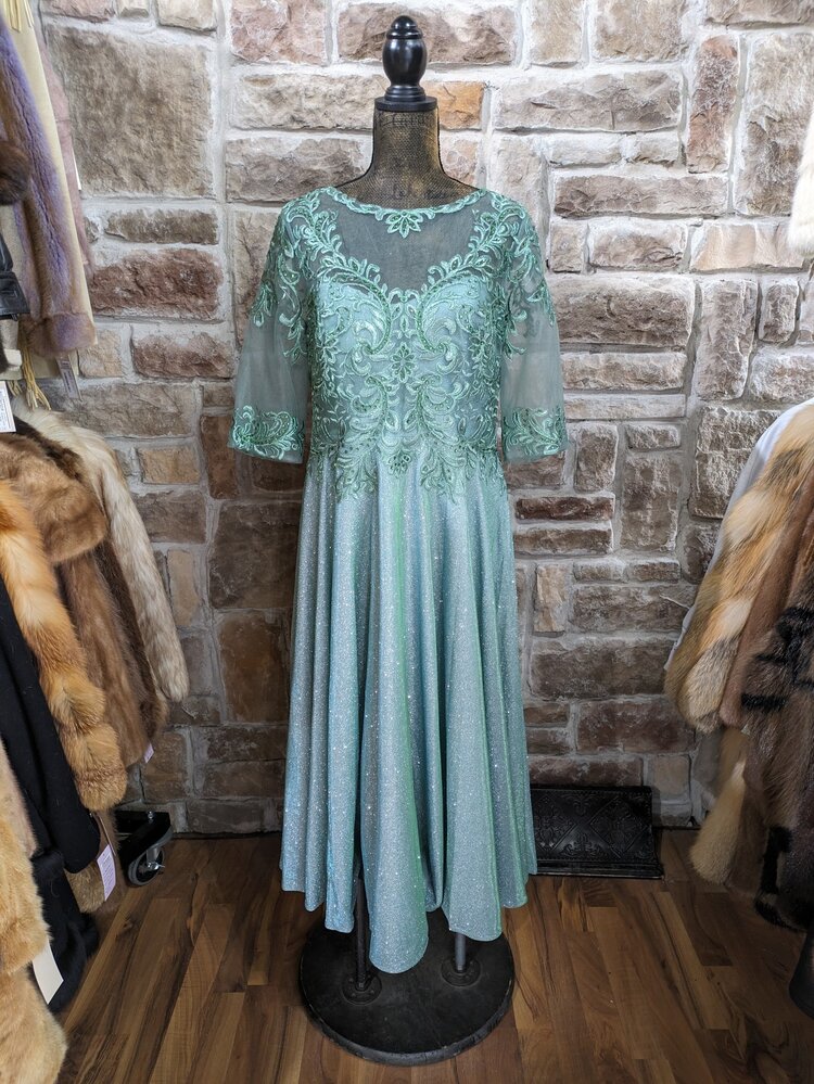Chicas Sage Green Sparkly Skirt with Embroidered Top Gown, Size XL