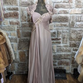Montage Taupe Embellished Gown With Lace Bolero, Size 10