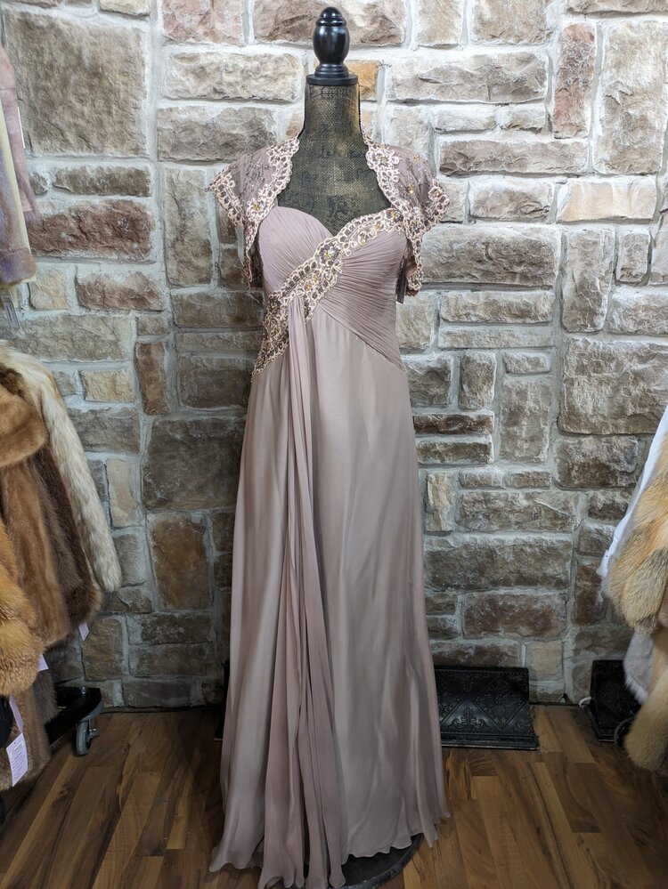 Montage Taupe Embellished Gown With Lace Bolero, Size 10
