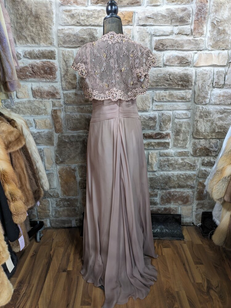 Montage Taupe Embellished Gown With Lace Bolero, Size 10