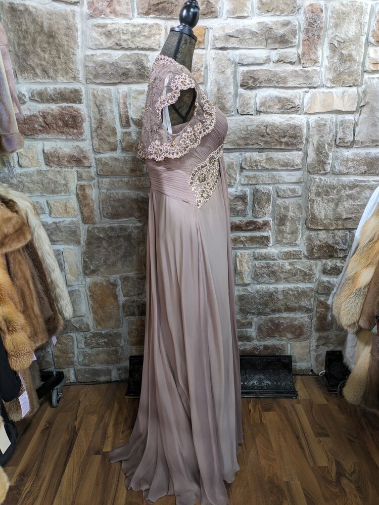 Montage Taupe Embellished Gown With Lace Bolero, Size 10