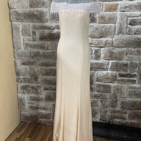 Mignon Peach Sequin Gown w/ Lace Collar Trim, Size 10