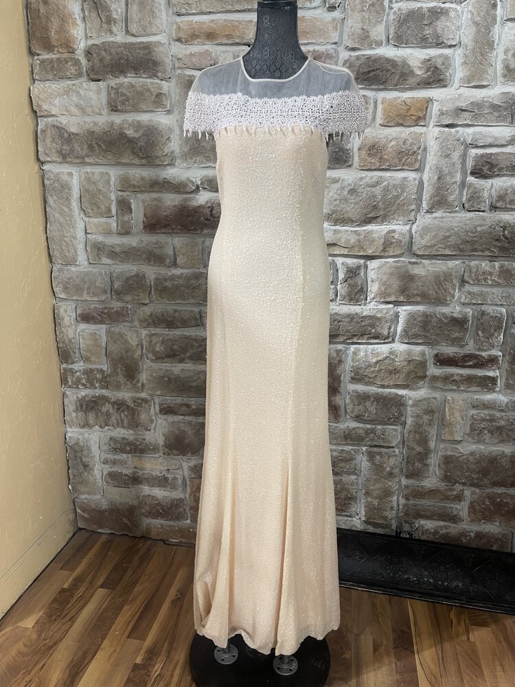 Mignon Peach Sequin Gown w/ Lace Collar Trim, Size 10