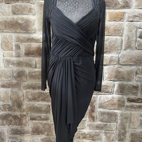 Mignon Black Ruched Dress with Embellished Mesh Sleeves, Size 14