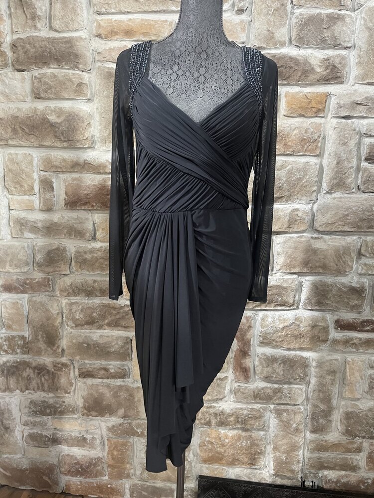 Mignon Black Ruched Dress with Embellished Mesh Sleeves, Size 14