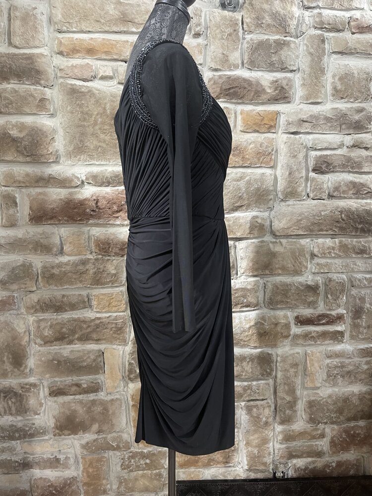 Mignon Black Ruched Dress with Embellished Mesh Sleeves, Size 14
