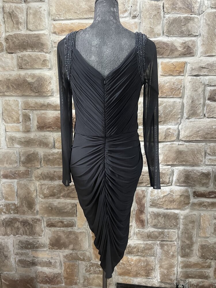 Mignon Black Ruched Dress with Embellished Mesh Sleeves, Size 14