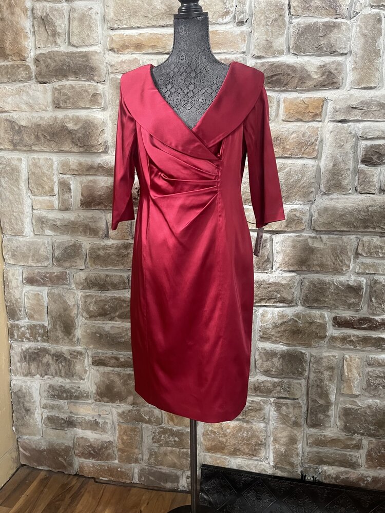 Kay Unger Garnet Red Long Sleeve Shawl Collar Dress, Size 14