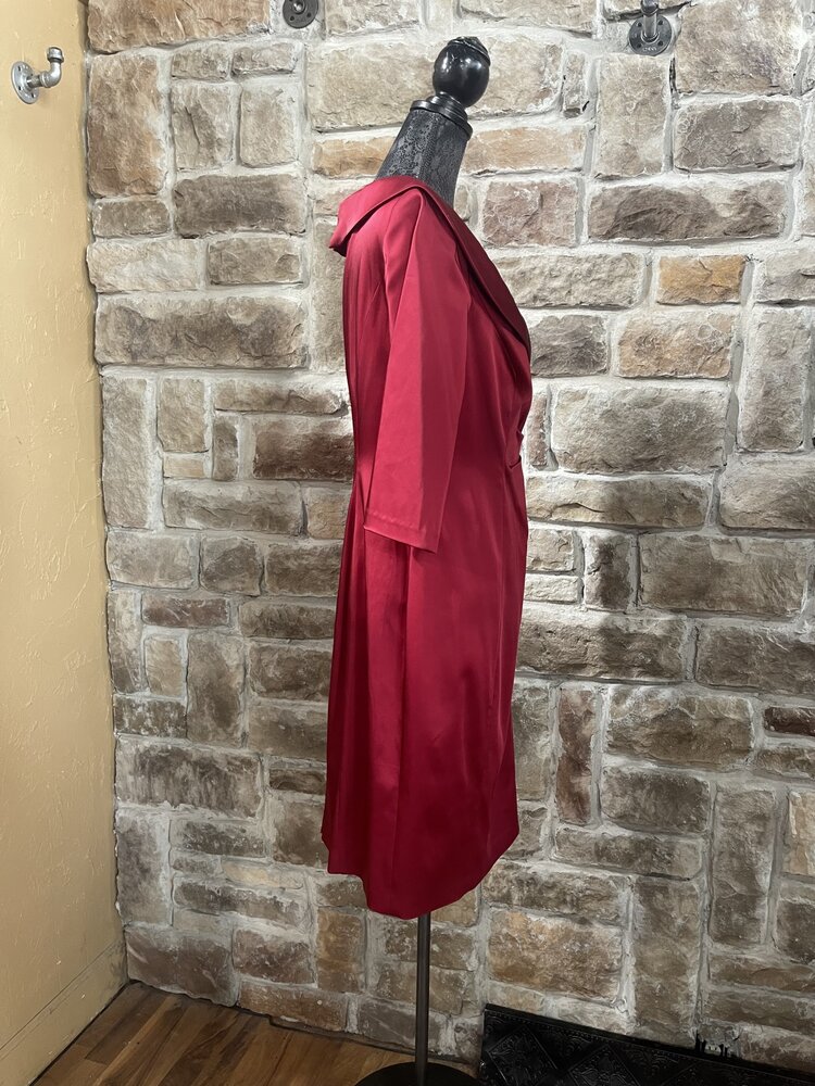 Kay Unger Garnet Red Long Sleeve Shawl Collar Dress, Size 14