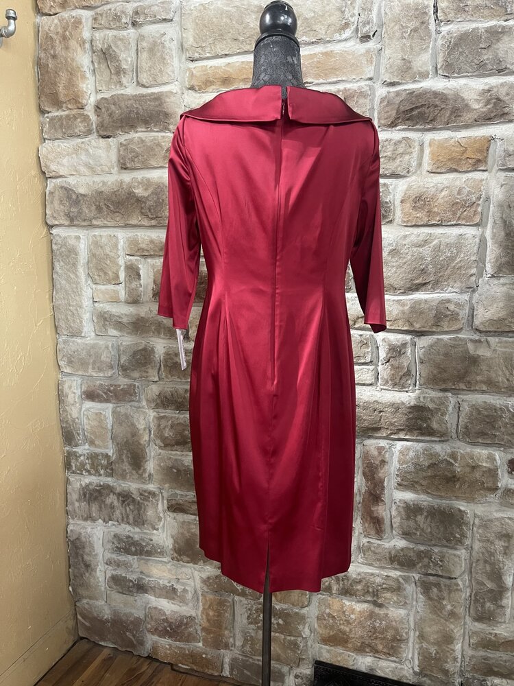 Kay Unger Garnet Red Long Sleeve Shawl Collar Dress, Size 14