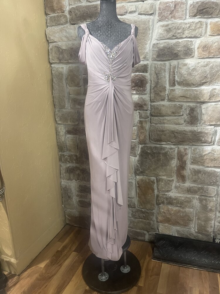 Smoky Quartz Cold Shoulder Ruched Gown, Size 8