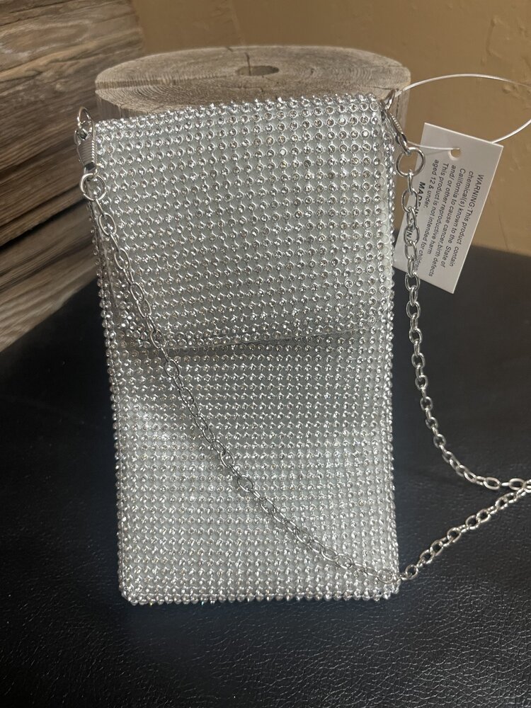 Silver Cross Body Rhinestone Cell Phone Case Bag