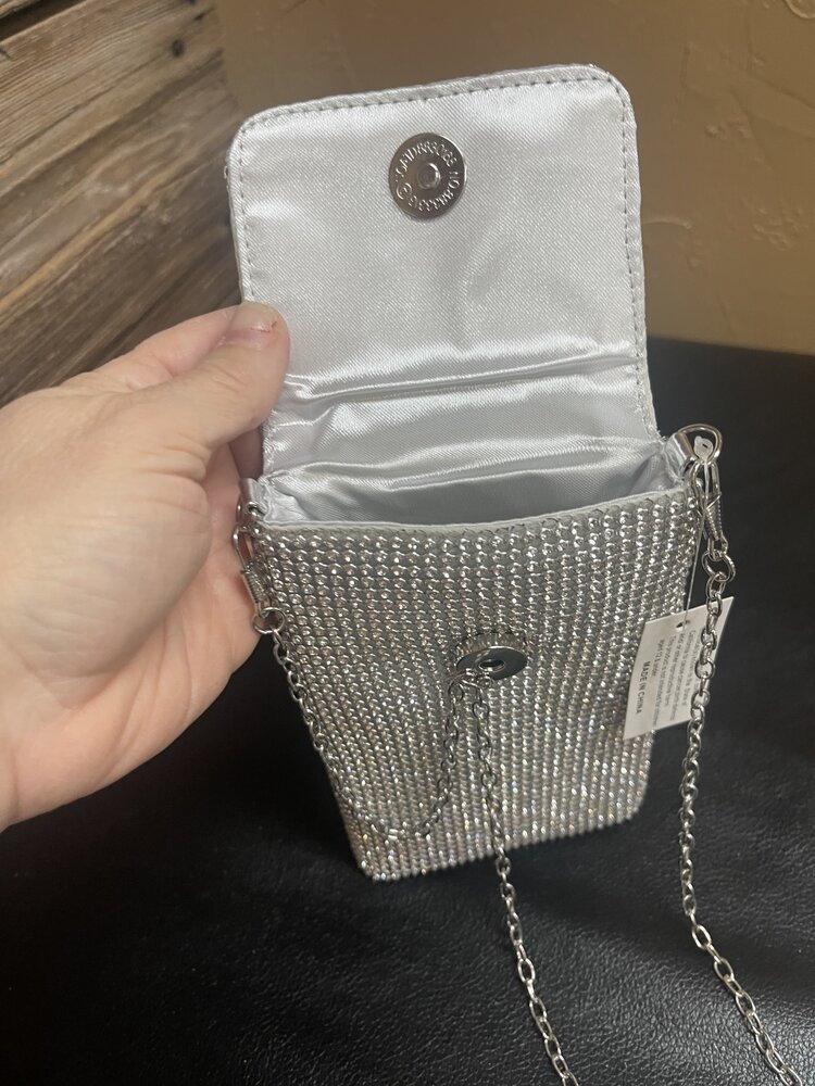 Silver Cross Body Rhinestone Cell Phone Case Bag