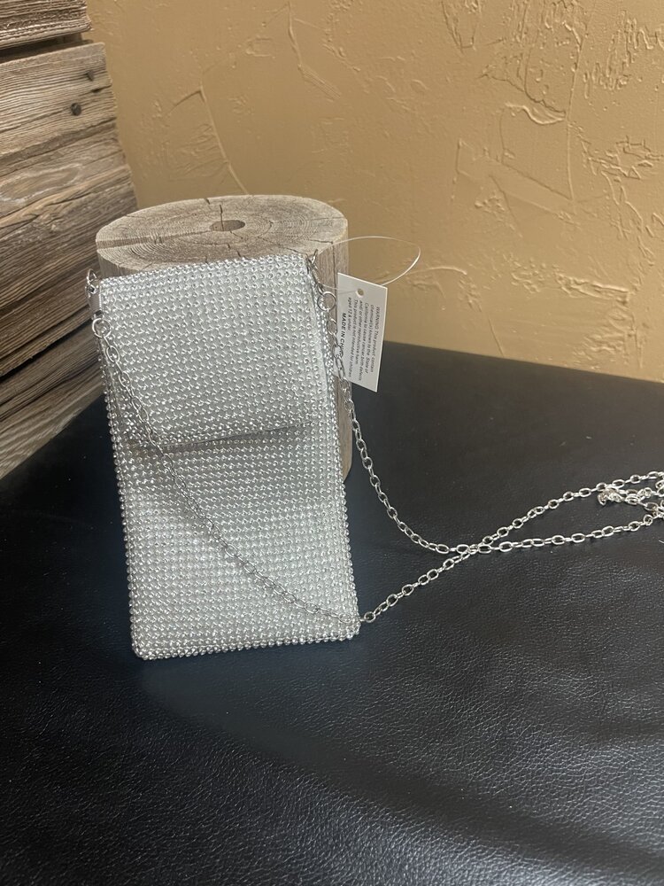 Silver Cross Body Rhinestone Cell Phone Case Bag