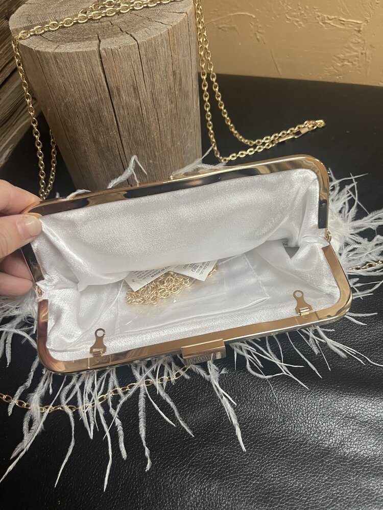 White Frame Clutch Feathered Evening Handbag