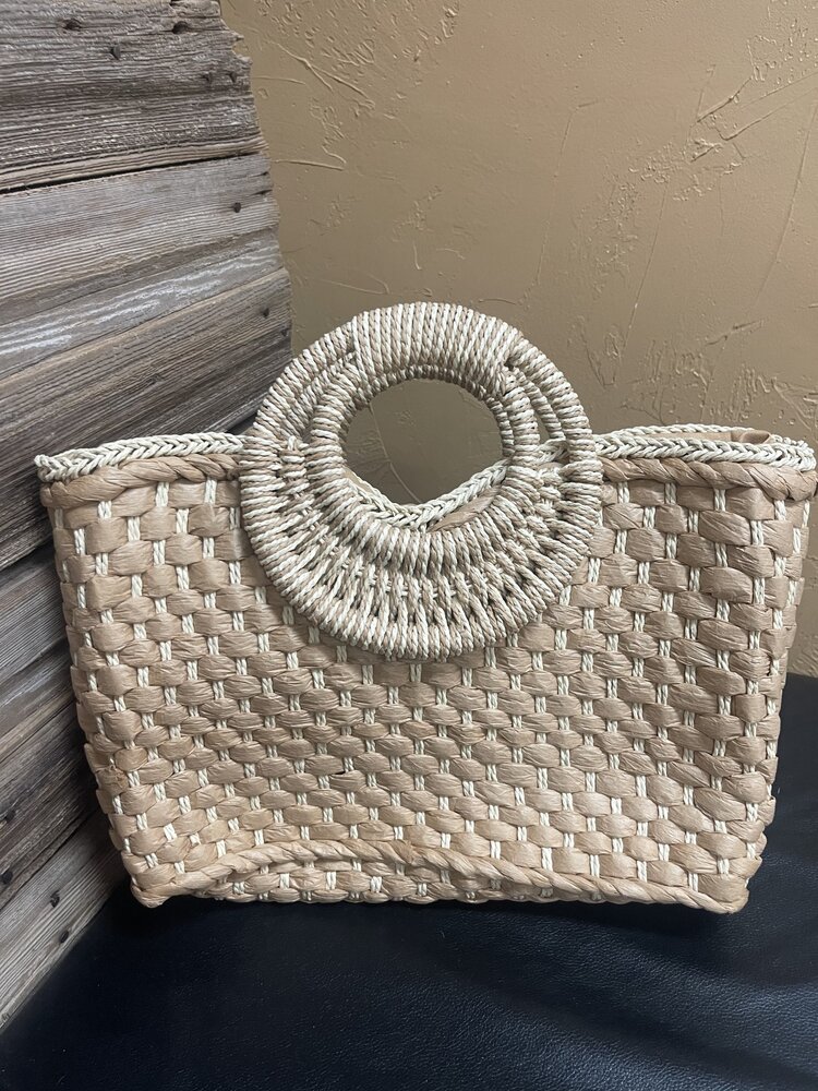 Khaki Natural Straw Fashion Top Handle Handbag