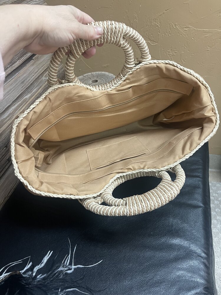 Khaki Natural Straw Fashion Top Handle Handbag