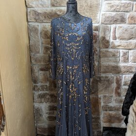 Pisarro Nights Slate Blue Dress With Gold Sequin and Embellishments, Size 16