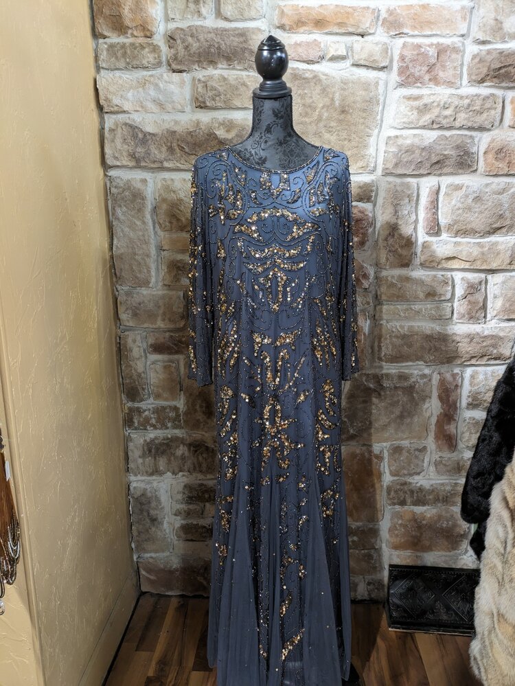 Pisarro Nights Slate Blue Dress With Gold Sequin and Embellishments, Size 16