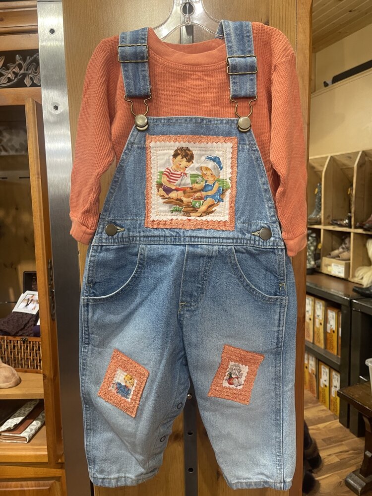 Denim Vintage Style Overalls w/ Melon Waffle Top, Size 18M