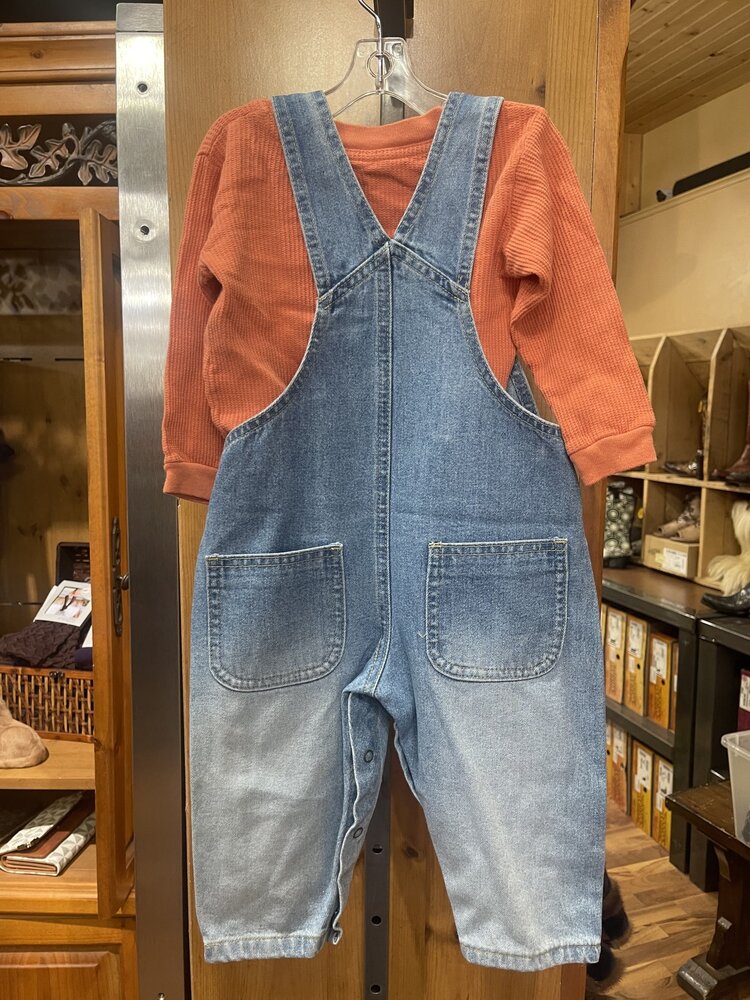 Denim Vintage Style Overalls w/ Melon Waffle Top, Size 18M
